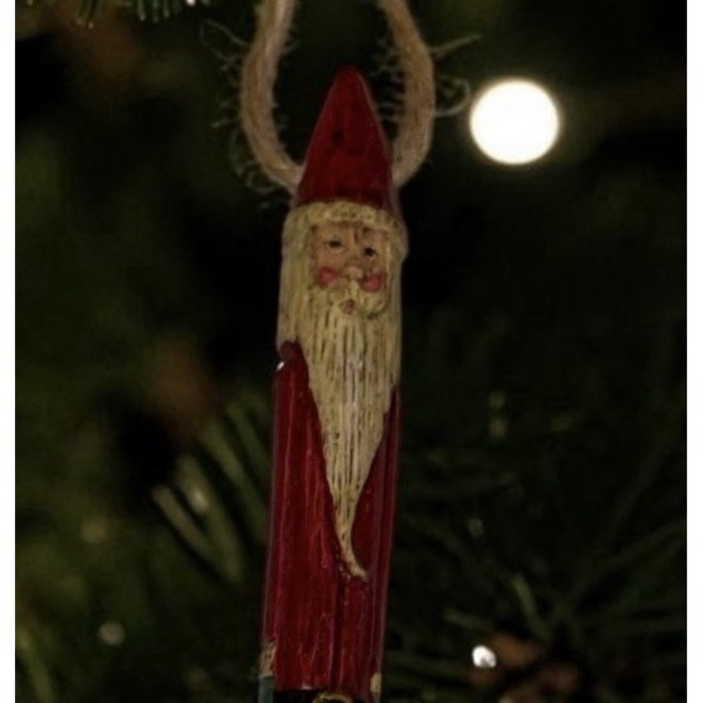 Vintage 1993 Wang's Pencil Santa Christmas Ornament Folk Art Primitive Rustic